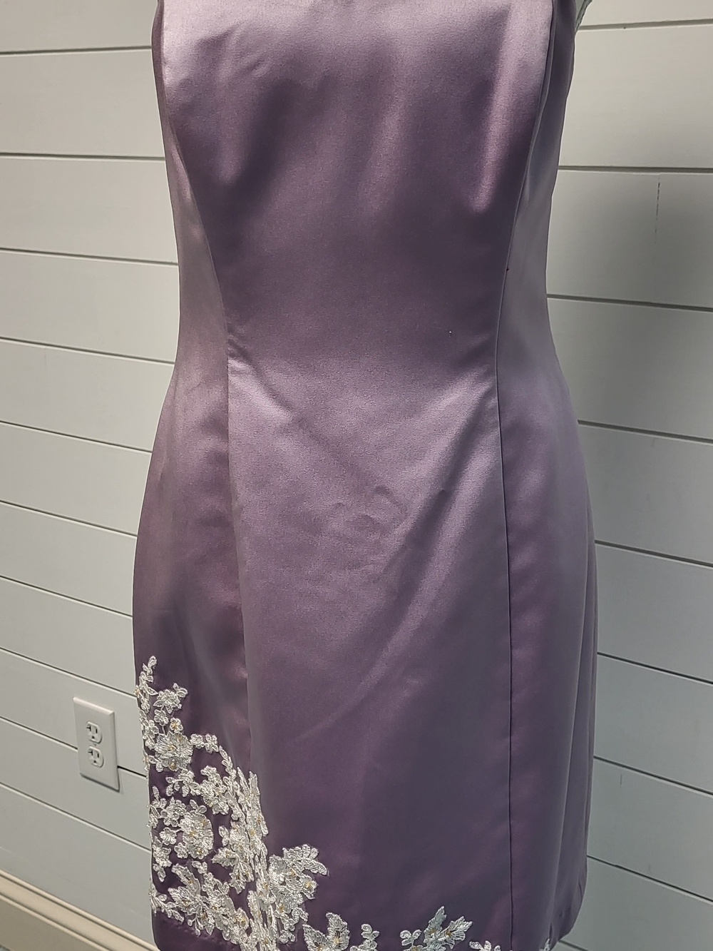 Strapless Lavender Satin Cocktail Dress with White Floral Appliqué - Picture 2 of 13